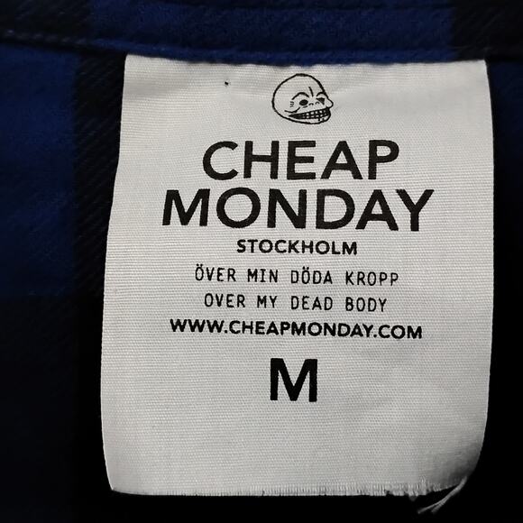 Cheap Monday Flannel Shirt Dress Medium Blue and Black Long Sleeve Button Down - Picture 4 of 11